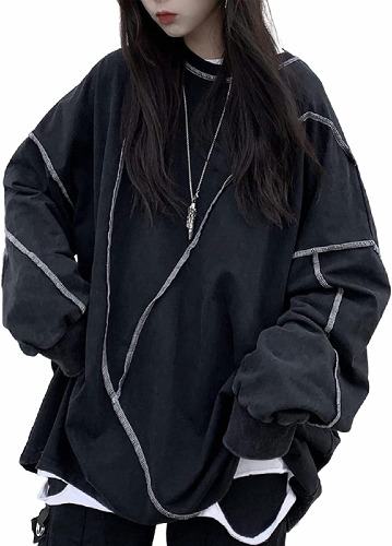 PEXIZUAN Gothic Long Sleeve Sweatshirt Loose Large Size Women's Dark Spring Spring/Autumn Base Clothes Black - Black XX-Large