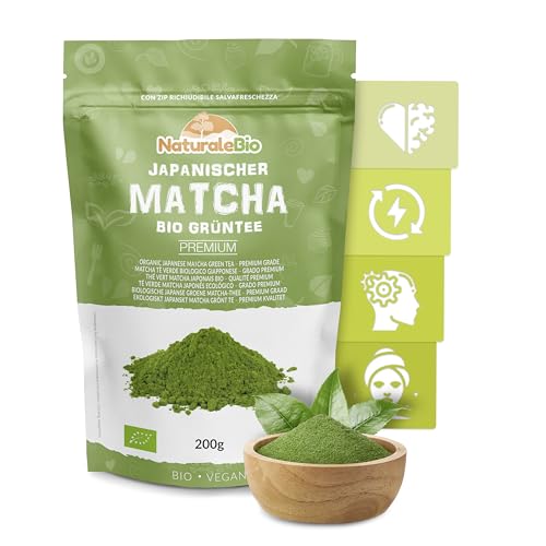 Matcha Tee Pulver Bio - Premium-Qualität - 200g. Original Green Tea aus Japan. ideal zum Trinken. Grüntee-Pulver für Latte, Smoothies, Matcha-Getränk. Hergestellt in Uji, Kyoto. - 200 g (1er Pack)