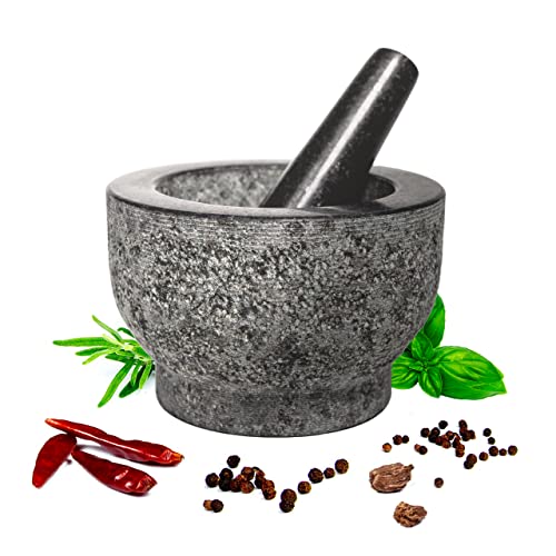 HiCoup Kitchenware Mortar and Pestle - 6 Inch Stone Cup and Crusher Set - Large Capacity, Natural Granite Pestles for Herbs, Spices, Pesto, and Guacamole - Unpolished, Non-Porous, Dishwasher Safe Grinder - Kitchen Accessories (Mortier et Pilon) - Granite - 6 inches