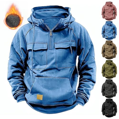 Men Tactical Sweatshirt Quarter Zip Cargo Pullover Hoodies Outdoor Winter Jacket,Cargo Hoodies Tactical Fleece Jacket - Blue - Large