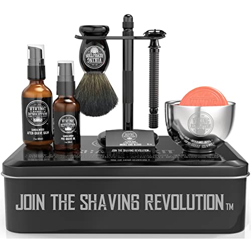 Luxury Shaving Kit for Men - Safety Razor, Stand, Bowl, After-Shave Balm, Pre-Shave Oil & Badger Brush by Viking Revolution