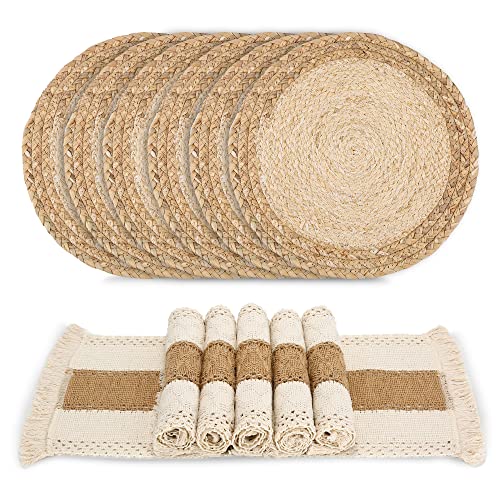 Zology Handmade Boho Placemats Set of 6 - Natural Cotton Burlap and Water Straw Woven Combination Table Mats, Macrame Décor and Farmhouse Style Placemats, for Dining Table Kitchen - 6