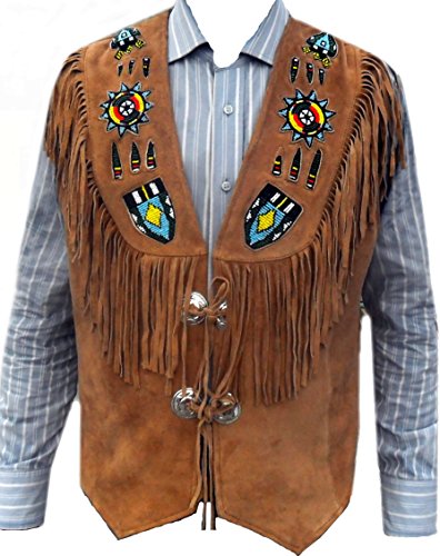 SRHides Men's Indian Western Leather Vest Fringed & Beaded - Large - For Chest 42-44" - Suede Brown