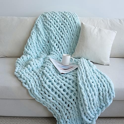 Maetoow Chenille Chunky Knit Blanket Throw （30×40 Inch）, Handmade Warm & Cozy Blanket Couch, Bed, Home Decor, Soft Breathable Fleece Banket, Christmas Thick and Giant Yarn Throws, Baby Blue - Baby Blue - 30''x40''