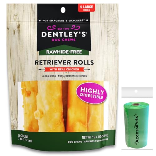 AccessiPets Dog Chews Dentley's 7 Inch Retriever Rolls Long-Lasting Rawhide-Free Dental Treats for Large Dogs Bundle with 1 Dog Waste Roll (Chicken, 5 Count) - 5 Count