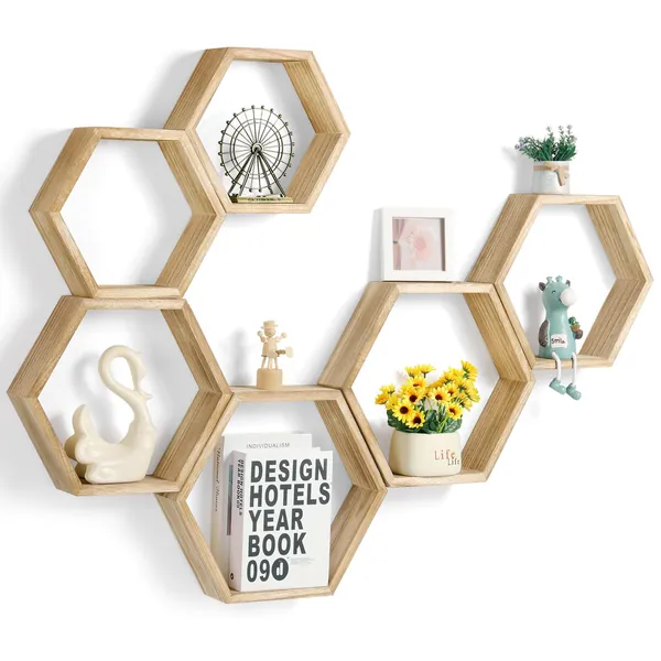 Hexagon Floating Shelves Wall Mounted Farmhouse Wood Storage Honeycomb Wall Shelf Set of 6 Hexagonal Shelves Wall Home Decor Hexagon Shelves for Living Room Bedroom Office, Light Brown - Light Brown