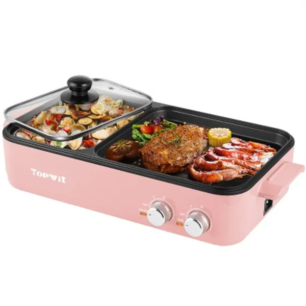 Topwit Electric Grill with Hot Pot, 2 in 1 Indoor Non-Stick Electric Hot Pot and Griddle for Korean BBQ, Steaks, Shabu Shabu and Noodles, Independent Dual Temperature Control, Fast Heating, Pink