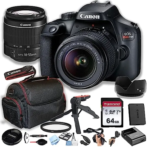 Canon EOS Rebel T100 (EOS 4000D) DSLR Camera w/EF-S 18-55mm F/3.5-5.6 Zoom Lens + 64GB Memory Card, Case, Hood, Grip-Pod, Filter Professional Photo Bundle (Renewed)