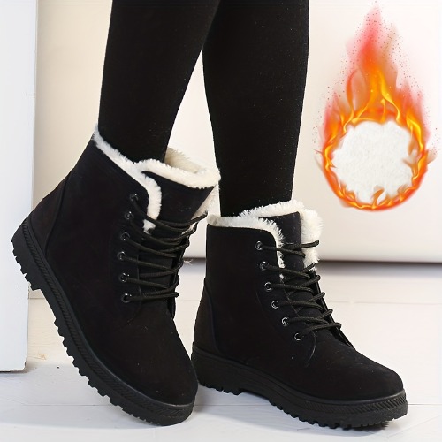 Women&#39;s Round Toe Lace Up Boots, Warm Faux Fur Lined Ankle Boots, Women&#39;s Footwear