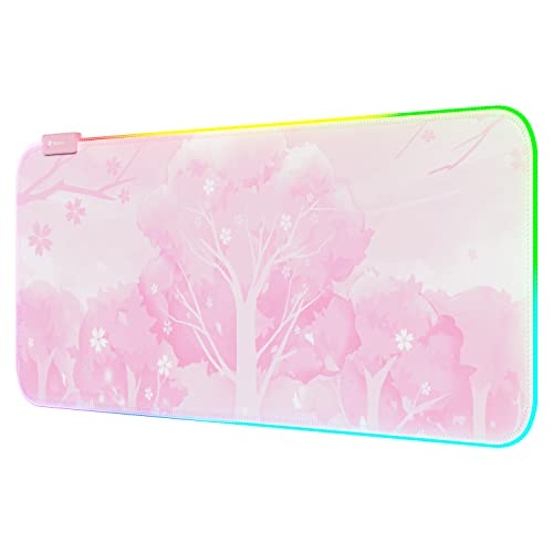 Pink RGB LED Gaming Mouse Pad, 14 Modes Glow Pad, Extra Large Gaming Mousepad,Waterproof Rubber Non Slip Cute Sakura Mat, Extended Big Keyboard and Mouse Pad Mat for Gamer Office Home, XXL 800×300×4mm - Sakura