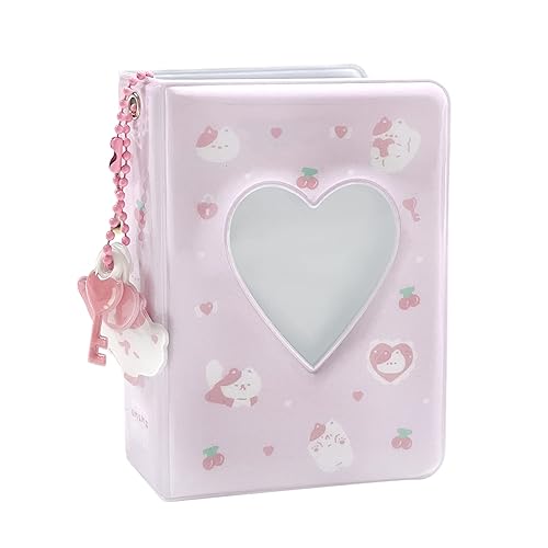 3 Inch Mini Photo Album, Heart Hollow Card Binder Photo Card Holder with Pendant 40 Pockets (pink white cat) - pink white cat