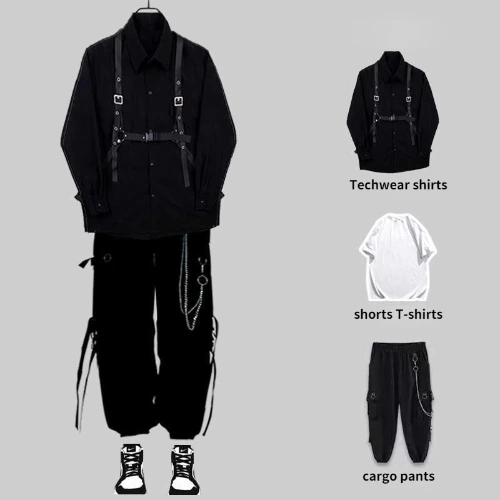 HOUZHOU Techwear Pant Sets Men Punk 3 piece outfits Black Cargo Pants Long Sleeve Shirts Korean Streetwear Hip Hop Spring