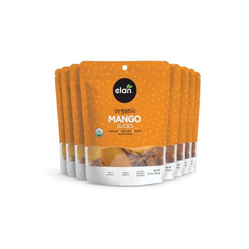 Elan Organic Dried Mango Slices, Sulphite-free, No Sugar Added, Non-GMO, Vegan, Gluten-Free, Kosher, Healthy Dried Fruit Snacks, 8 Count, 125g