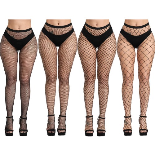 DRESHOW 4 pairs of high waist tights, fishnet stockings, thigh-high stockings, tights for women