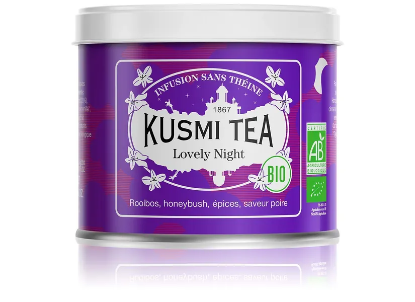 Kusmi Tea Lovely Night - 3.5 oz Loose Tea Tin - Organic Nighttime Tea Blend of Rooibos, Honeybush, Pear, Licorice & Linden - Caffeine Free
