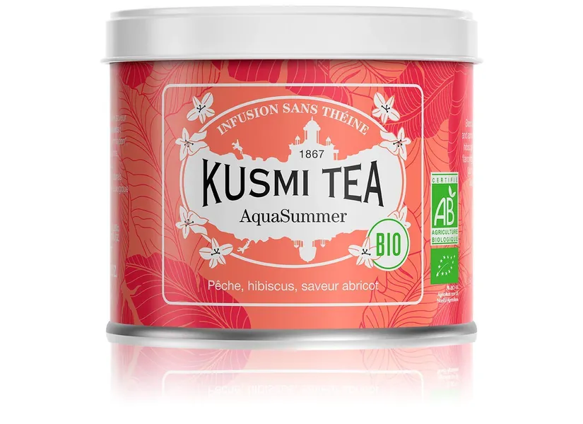 Kusmi Tea AquaSummer - 3.5 oz Loose Tea Tin - Organic Herbal Tea - Flavored with Hibiscus, Peach & Apricot - Caffeine Free