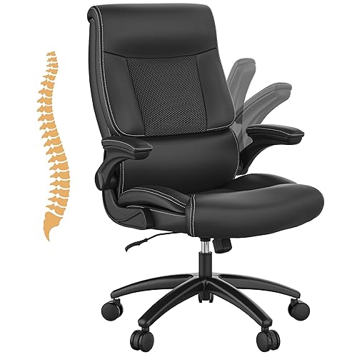 Youhauchair Big and Tall Office Chair, 500LBS Executive Desk Chair with Lumbar Support, PU Leather Ergonomic Computer Chair with Flip-up Armrests, High Back Work Chair, Black - Black - Set of 1