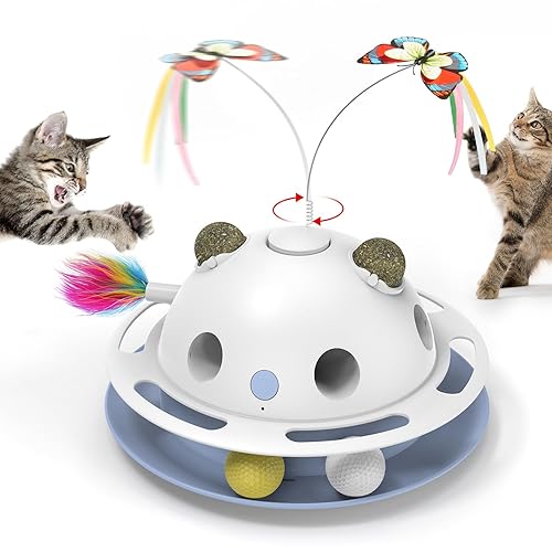 Potaroma 4in1 Cat Toys, Catnip Balls, Shooting Feather, Butterfly, Automatic Interactive Kitten Toy, Dual Power Supplies, USB Powered, Indoor Exercise for All Breeds
