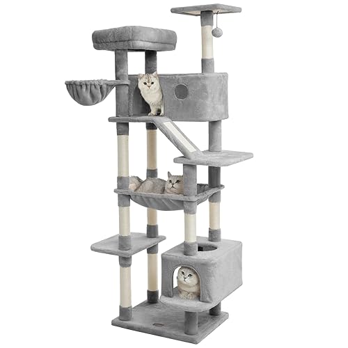 Karolpar 73 inches Large Cat Tree for Indoor Cats, Tall Cat Tower with Sisal Scratching Posts and Pads, Padded Plush Perch, Cozy Basket, Plush Condo for Large Cats, Light Grey - Grey