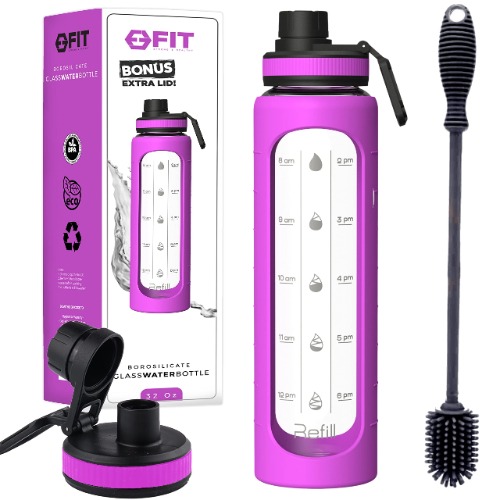 Glass Water Bottle with Time Marker Reminder 32 oz - EXTRA LID, Reusable, Wide Mouth, Leakproof, 1 Liter Glass Drinking Bottle, Large Clear Water Bottles, Motivational Waterbottle (Purple, with Brush) - Purple Sleeve, withBrush
