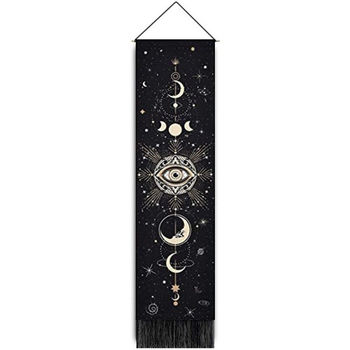 Moon Phase Celestial Tassel Tapestry Wall Hanging - 32.5x130 CM / Black