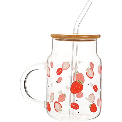 BESTonZON 1 Set of Clear Glass Mug with Lid and Straws Strawberry Pattern Juice Cup Ice Coffee Cups Juice Tumbler Drinking Glasses Drinking Water Mug for Iced Coffee