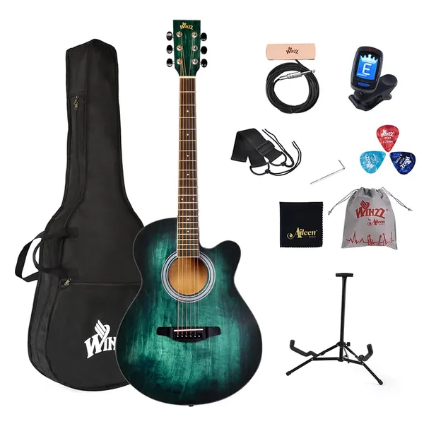 Winzz Akustikgitarre Blau-grün, Westerngitarre 40 Zoll, Gitarre Anfänger Set mit Gitarre Tonabnehmer, Gitarrenständer, Gitarren Plektrum, Gitarrengurt, Gitarrenstimmgerät, Gitarrentasche - Blau-Rechtshänder