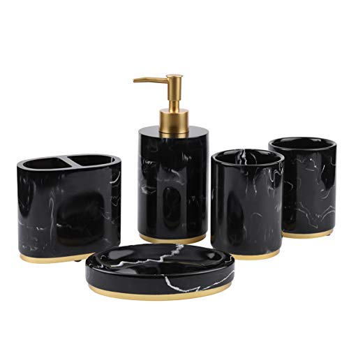 Zexzen Bathroom Accessories Set 5 Pieces, Black and Gold Bathroom Accessories Complete Marblized with Toothbrush Holder, Soap Dispenser, Soap Dish, Tumbler Cup, Resin Marble Pattern Bathroom Gift Set - Black Marble