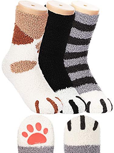 SATINIOR Cat Claw Socks with Non-Slip Toes Warm Cat Socks Cat Cozy Fluffy Slipper Socks for Women - One Size - Black, Striped Grey, Khaki Dot