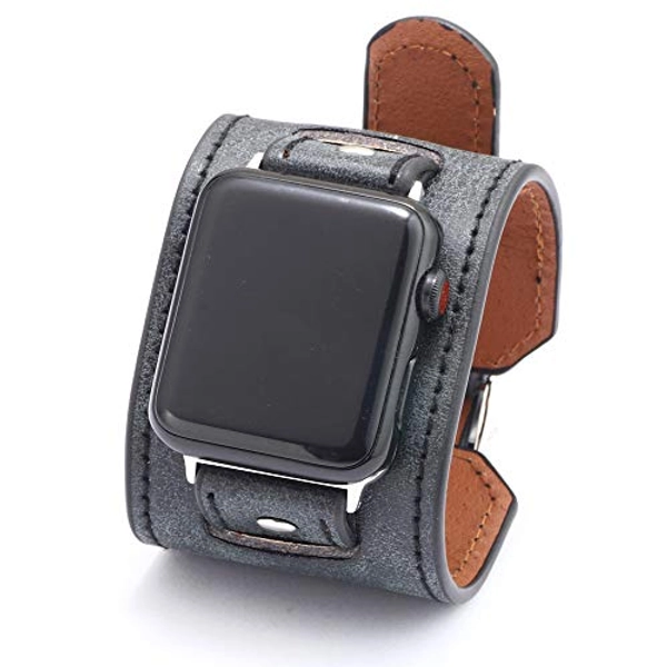 NIGHTCRUZ Compatible with Leather Apple Watch Band - Wide Leather Adjustable Bracelet for Apple Watch Series 5/4/3 (Black, 42mm/44mm)