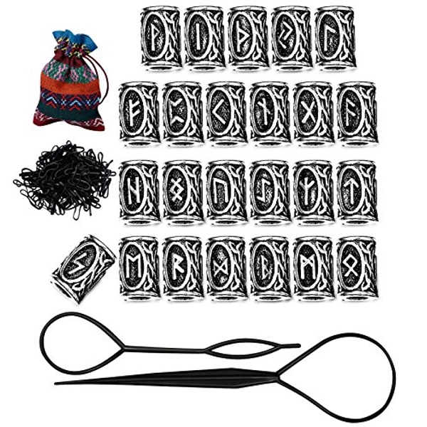 Hanpabum 24Pcs Norse Vikings Runes Beads and Rubber Bands Black