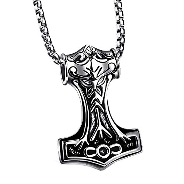 Mintik Jewelry Biker Celtic Knot Thor Hammer Amulet Pendant for Men Son Dad, Mjolnir Medieval Viking Quake Stainless Steel Vintage Solid Chain Necklace