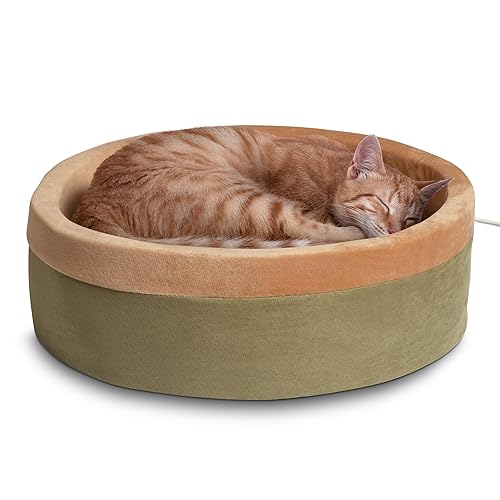 K&H Pet Products Thermo-Kitty Bed Heated Cat Bed for Indoor Cats , Electric Warming Bed for Cats and Small Dogs, Washable Thermal Plush Calming Round Pet Bed - Large 20" Sage/Tan - Sage/Tan - Large (20 in)