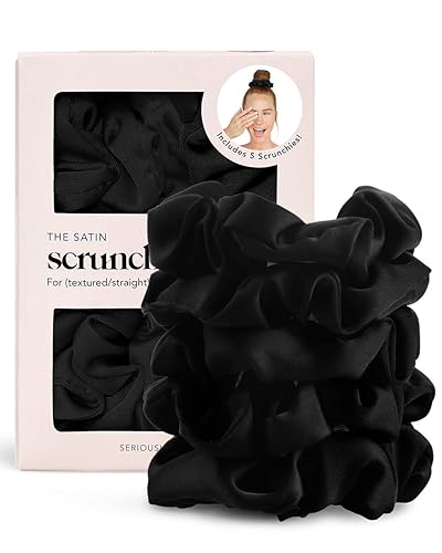 Kitsch Satin Hair Scrunchies for Women, Softer Than Silk Scrunchies for Hair, Satin Scrunchies for Girls, Satin Hair Ties for Women, Silk Hair Ties No Damage, Silk Ponytail Holders, 5 pcs (Black) - Black