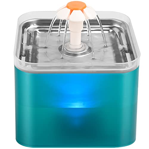 AONBOY Cat Water Fountain Stainless Steel, Ultra Silent 67oz/2L, with LED Light, Activated Carbon Filter, Pet Water Fountain for Cats and Small Dogs - Cyan-Stainless steel