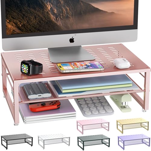 gianotter 2-Tier Metal Monitor Stand Riser, Desk Accessories & Workspace Desk Organizers, Office Desk Storage Organizer for Office Supplies (Rose Gold) - Rose Gold