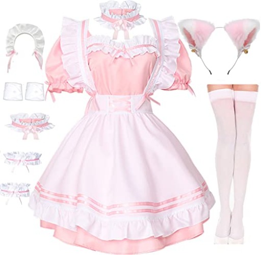 Rickem Ladies Anime Cosplay French Black white bow Apron Dress Halloween Makeup Costume 8PCS Set - Large - Pink