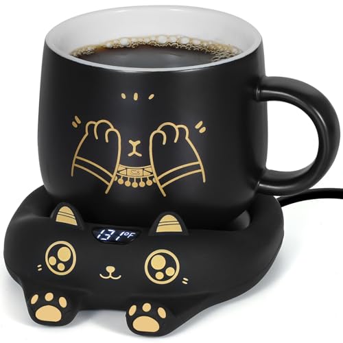 PUSEE Mug Warmer with Mug, Cute Coffee Warmer for Desk Coffee Cup Warmer Auto Shut Off, Electric Candle Warmer with 3 Temp Settings,Coffee Warmer with Cup Set Coffee Gifts Birthday Gift Office Gifts - Ceramic Black