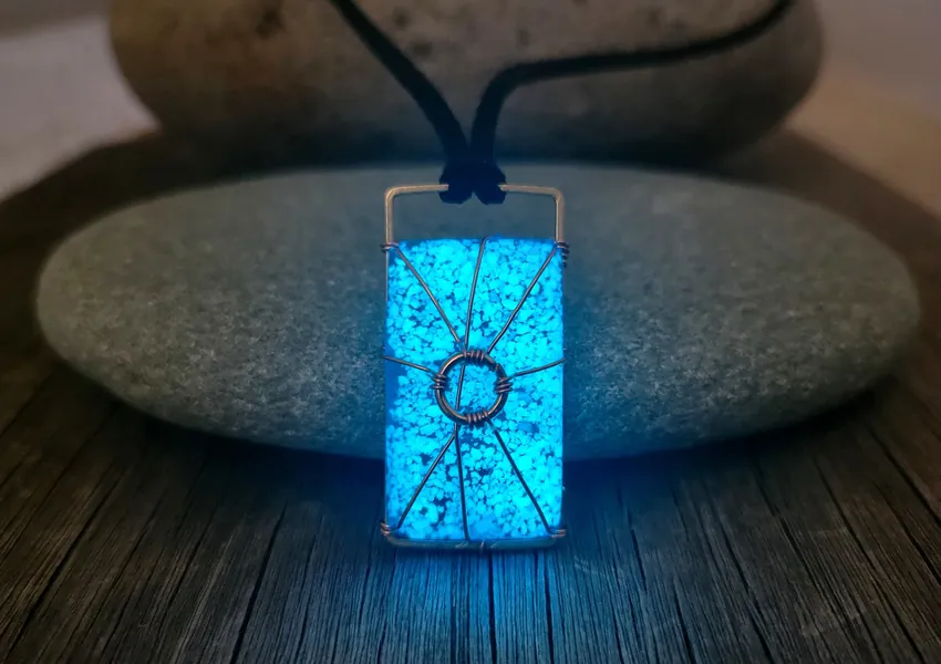 Wyatt's Werewolf Glowing "Moonstone" Necklace 2, Zombies Fan Gift,  Wyatt Costume, Blue Glow in the Dark Wire Wrapped Rectangle Necklace