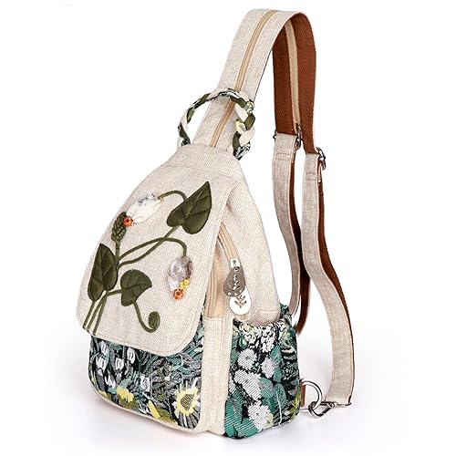 AULUDA Girl's Convertible Sling Bag, Hand Craft Artisan Purse, Beautiful Canvas Premium Casual Day Mini Backpack for Women (Green Marsh) - Green Marsh