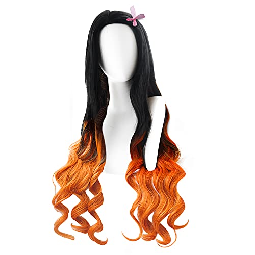 GARELF Long Wavy Wig for Kamado Nezuko Cosplay Costume in Anime 'Demon Slayer' 'Kimetsu no Yaiba' Halloween Wig, Character Wig Fits Adults and Kids (Black & Orange)