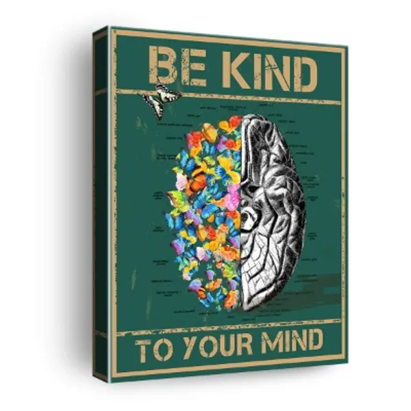 Vintage Be Kind To Your Mind Brain Poster Canvas Wall Art & Tabletop Decoration - Easel & Hanging Hook 8x10Inch - Inspirational Quotes Gift, Medical School Graduation Gift, Doctor Gift, Social Worker Graduation Gift, Occupational Therapist Gift, Neuroscience Gift"