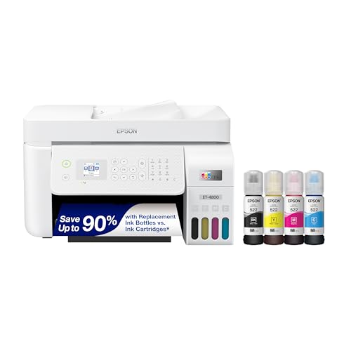 Epson EcoTank ET-4800 Wireless All-in-One Cartridge-Free Supertank Printer with Scanner, Copier, Fax, ADF and Ethernet – Ideal-for Your Home Office, White - ET-4800 - White - FAX/ADF/Print/Copy/Scan