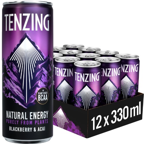 TENZING Natural Energy Drink, Plant Based, Vegan, & Gluten Free Drink, +BCAA, Blackberry & Acai, 330ml (Pack of 12)