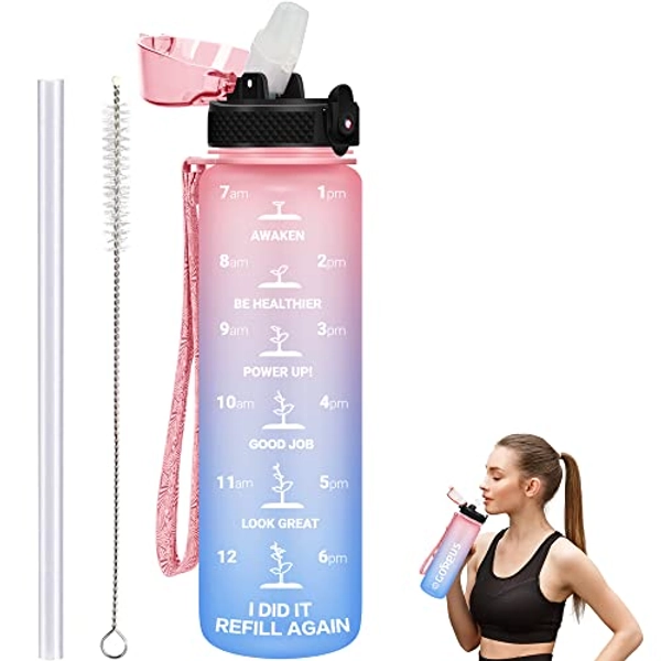 GOPPUS 1L/32oz Water Bottle with Straw Motivational 1 Litre Water Bottle Unbreakable Leakproof Drinks bottle with Time Markings Tritan Sports Bottle for Gym School Large Water Bottle for Men BPA Free - Pink Blue-1 Lid - 1 Lid