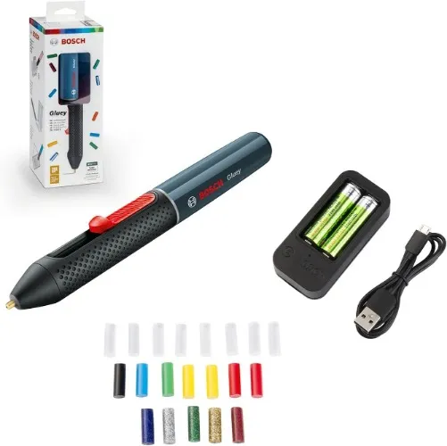 Bosch Home and Garden Cordless Hot Glue Pen Gluey (Smoky Grey, 2 batteries, with 20 hot glue sticks, USB charger and cable, in carton packaging) - Smoky grey
