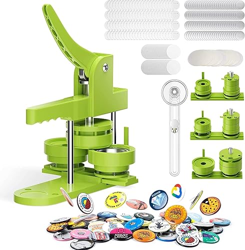 Badge Maker Machine Button Press Machine 58+32+25mm DIY Pin Making Kit with 400pcs Button Parts and Circle Cutter for Custom Button Maker KEYSAFER - Green - DC108-PM400