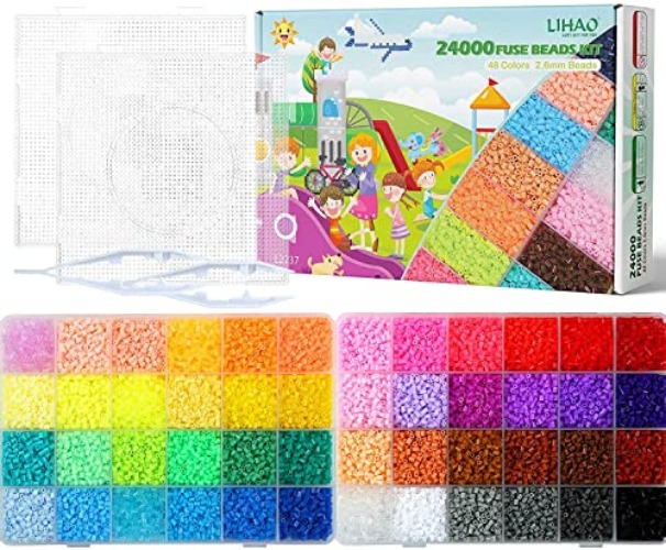 LIHAO 24000 PCS Fuse Beads 2.6mm Fuse Beads Kits 48 Color Iron Beads Set with 2 Pegboards 2 Tweezers 2 Ironing Papersfor DIY Craft Making