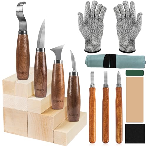 FANTICDE Wood Carving Tool kit, 20PCS The Wood Carving kit Contains 8 Pieces of Carving Basswood, 7 Pieces of Carving Knives, Anti-Cut Gloves, Frosted Paper, Suitable for Adults, Children, Beginners