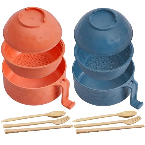 Romooa 2 Sets Microwave Ramen Cooker Bowl Set 33 oz Quick Ramen Cooker with Handles Ramen Noodle Cooker with Spoon Chopsticks Fork College Dorm Room Apartment Essentials(Orange, Blue) - Orange, Blue